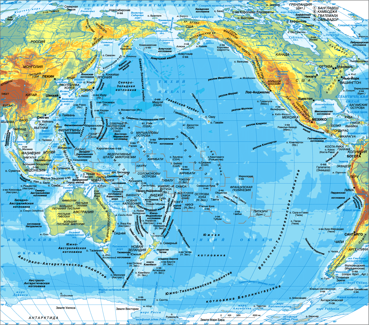 Какой из указанных полуостровов самый южный. Карта Тихого океана с морями заливами и проливами. Физическая карта Тихого океана. Тихий океан на карте. Карта Тихого океана с островами на русском.